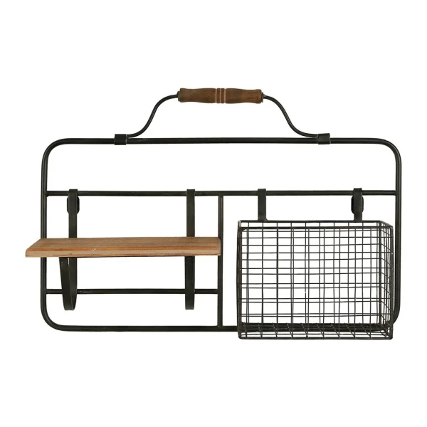 Comptoir De Famille Etagere Murale Avec Panier Reserve Noir 48x33x11cm En Fer Noir Et Sapin 1