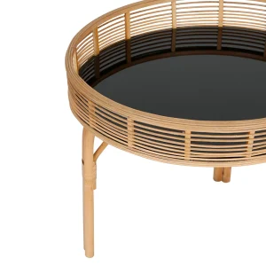 SEMA DESIGN Table Basse Ronde En Bambou Naturel Et Verre Noir D55cm 7